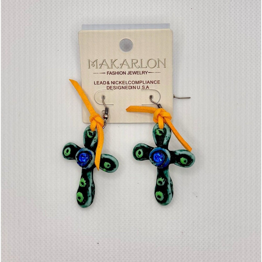 Boho Green and Blue Clay Cross Earrings with Orange Suede Ties Makarlon